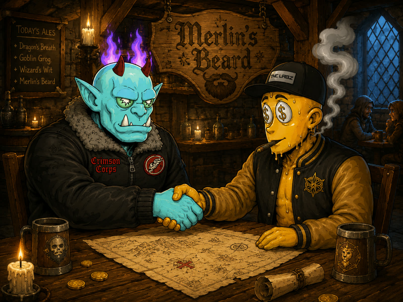 An Orc and a THC Labz character shaking hands across a treasure map at Merlin's Beard tavern